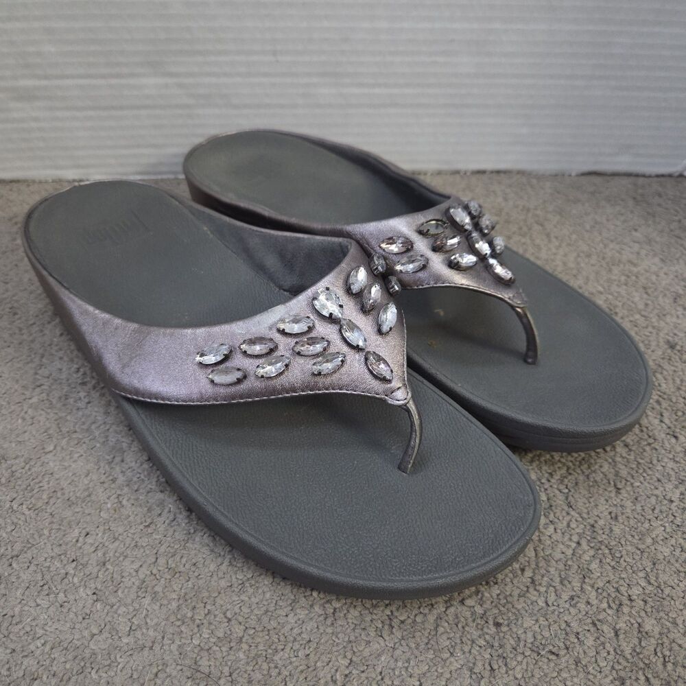 FitFlop Womens Sandals Sz 11 Gray Metallic Rhinestones Wedge Thong Comfort Slide